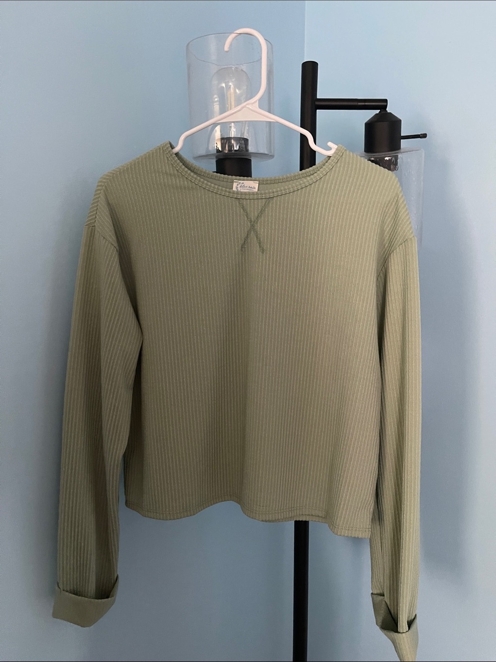 Francesca's Collections Light Sage Ribbed Long Sleeve Top